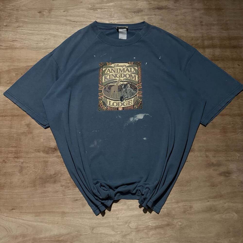 Walt Disney World Animal Kingdom Lodge Graphic T-Shirt Distressed Faded Blue